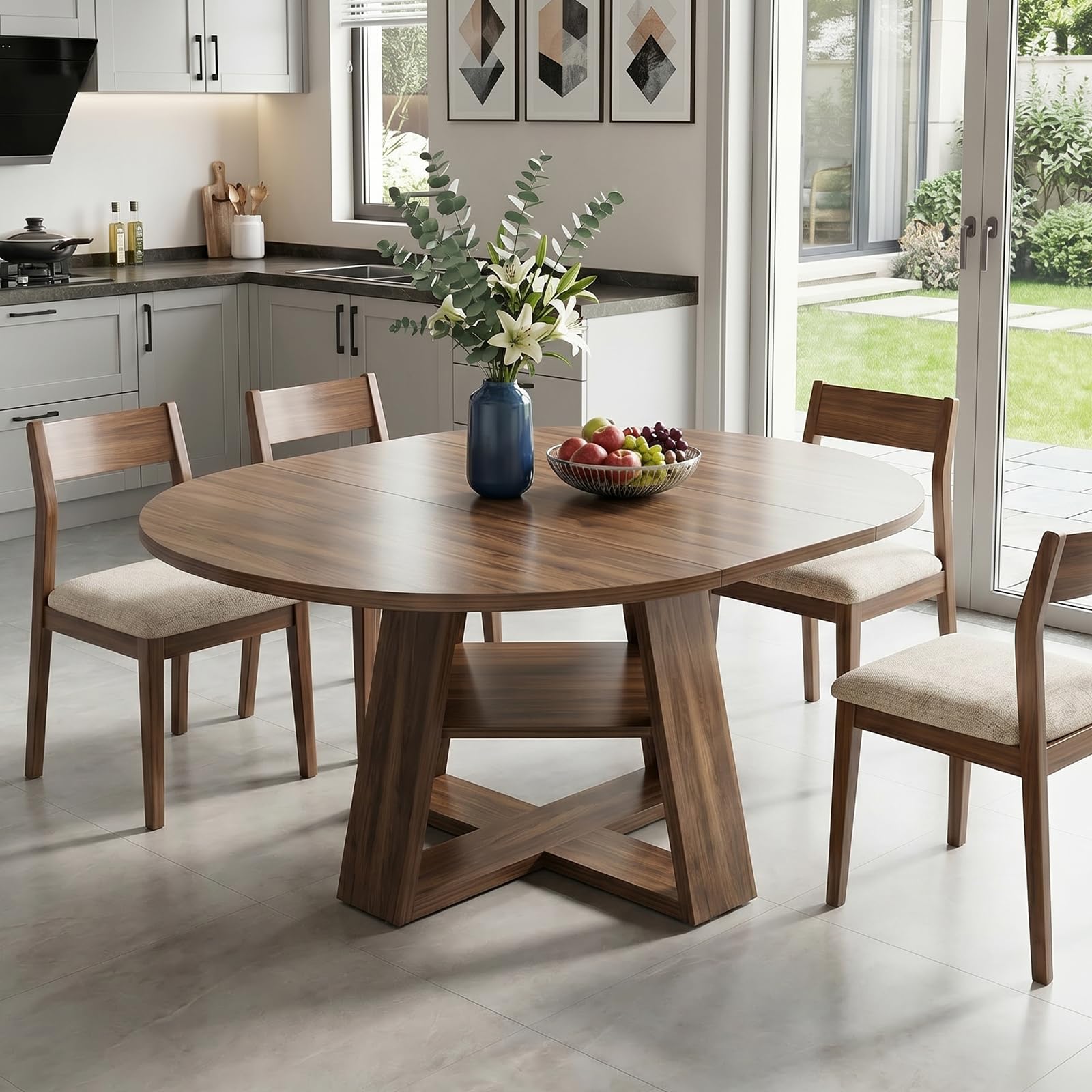 Ausziehbar Runder Esstisch, Esszimmertisch mit Ablage, platzsparender Küchentisch Walnuss Runder Tisch, 110-150 cm, ausziehbar zu oval, für 4-6Personen (Stil 1)