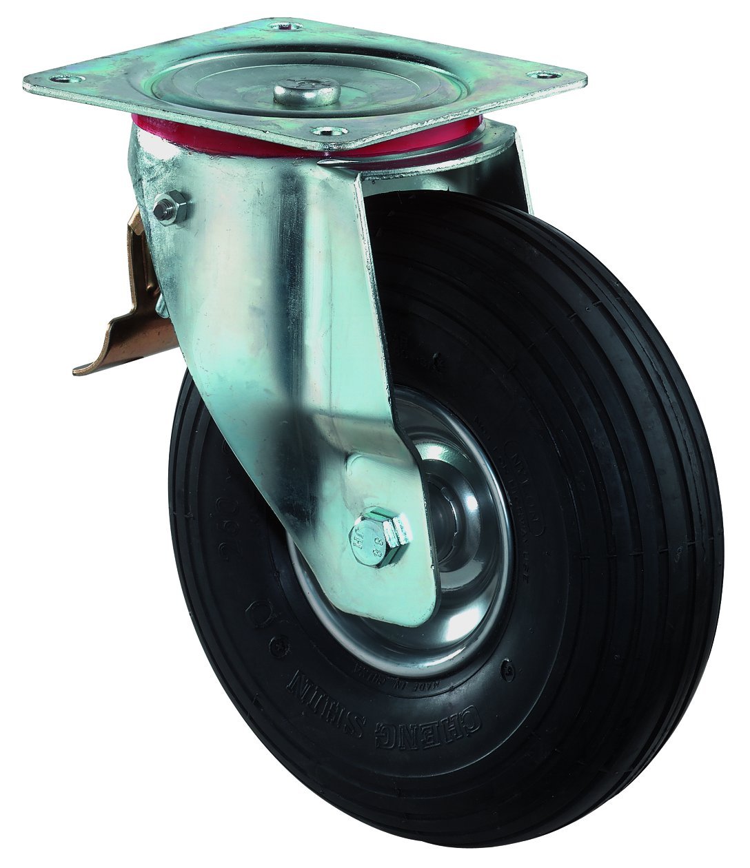 BS Wheels Transport Wheel Body 200 mm Swivel Castor with Brake, Mounting Plate Pneumatic Wheel, Steel, l420.c90.200