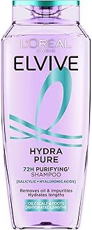 L’Oréal Paris Elvive Hydra Pure 72H Purifying Shampoo, with Hyaluronic & Salicylic Acids, for Oily Scalp & Dehydrated Lengths, Suitable for all hair textures, 400ml