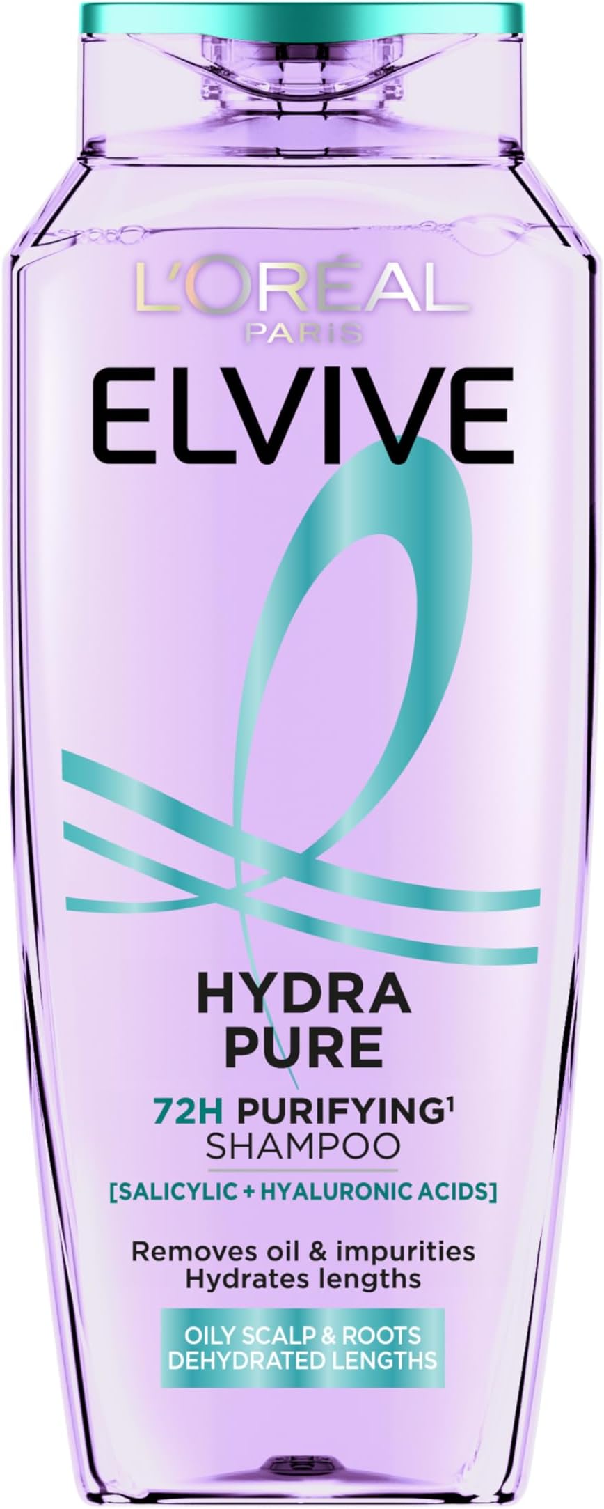 L’Oréal Paris Elvive Hydra Pure 72H Purifying Shampoo, with Hyaluronic & Salicylic Acids, for Oily Scalp & Dehydrated Lengths, Suitable for all hair textures, 400ml