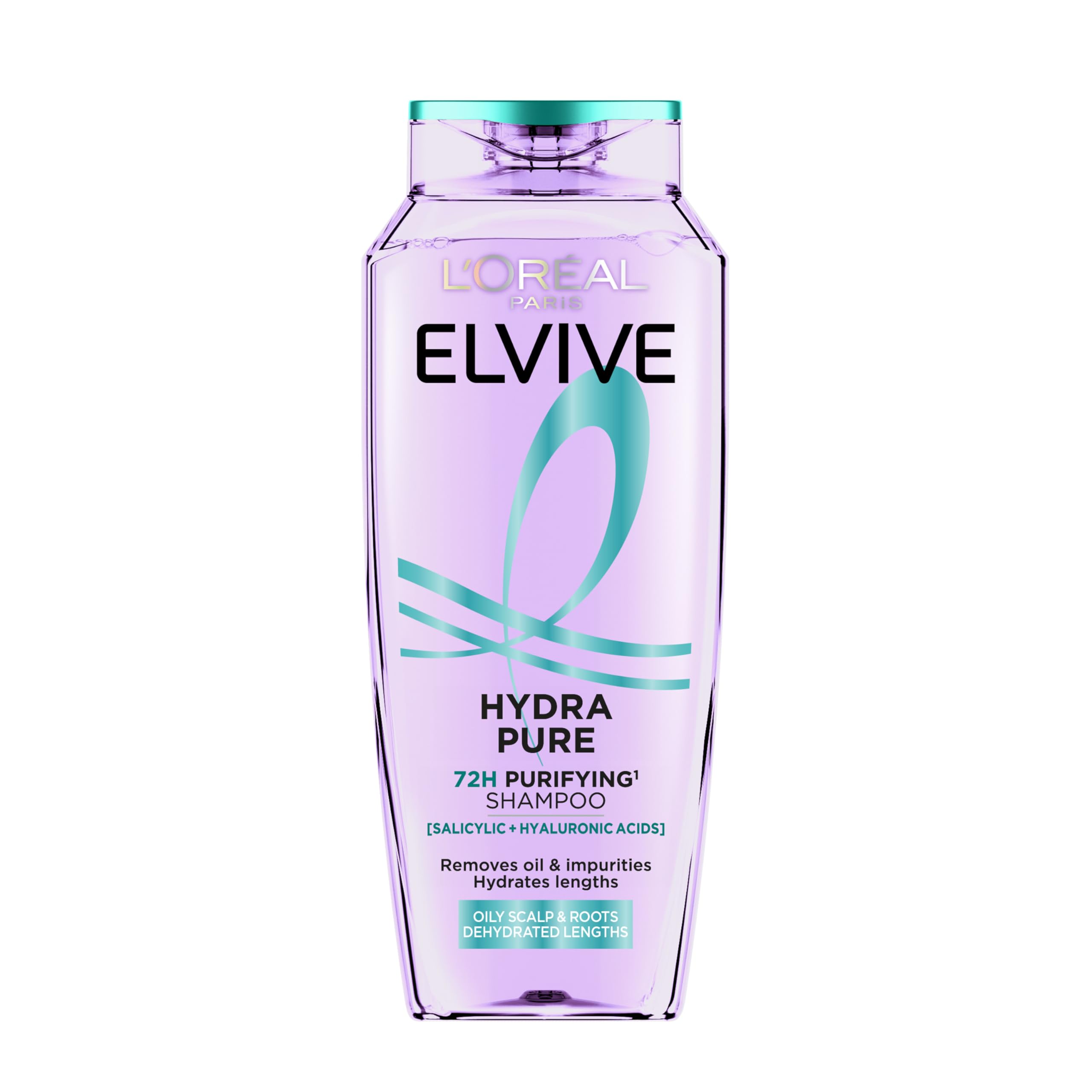 L’Oréal Paris Elvive Hydra Pure 72H Purifying Shampoo, with Hyaluronic & Salicylic Acids, for Oily Scalp & Dehydrated Lengths, Suitable for all hair textures, 400ml