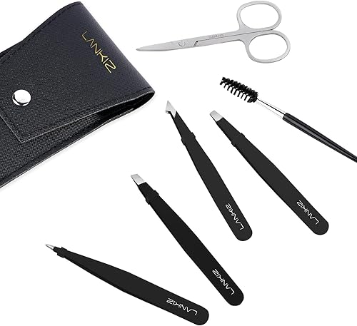 Miniatura 7 de LANKIZ Juego de 6 pinzas para cejas con estuche de viaje, pinzas profesionales de acero inoxidable para mujeres y hombres, gran precisión para