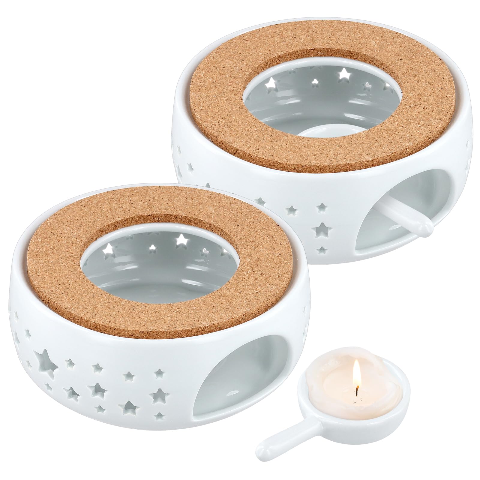 SEUNMUK 2 PCS 6 Inch Ceramic Teapot Warmer with Cork Cushion, White Tealight Warmer with Tealight Holder for Teapot and Mugs