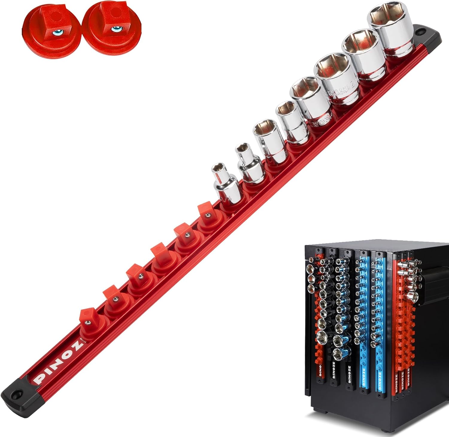 8PCS Magnetic Socket Holder Organizer Set - 1/4, 3/8, 1/2 - Aluminum Alloy Socket Rail Trays for Tool Box Drawer, Socket Rack Kit with 114Pcs Clips for Automotive Garage(Blue Red Black)