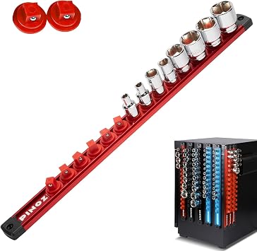 PINOZE 3/8" Magnetic Socket Holder Organizer - Aluminum Alloy Socket Rail Tray for Tool Box Drawer, Socket Rack with Extra 2Pcs Replacement Clips for Automotive GarageRed