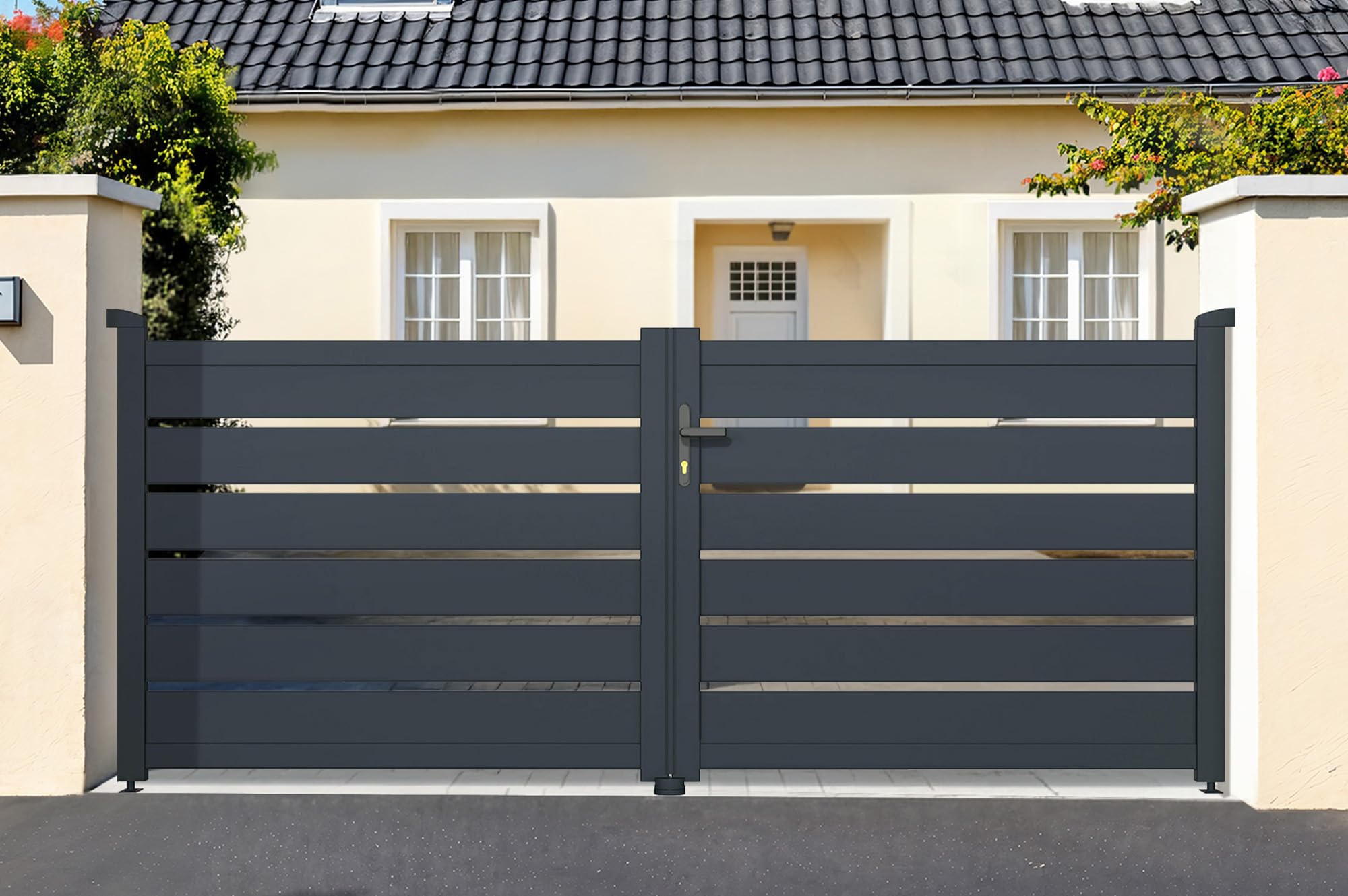 CASANOOV Portail Battant Aluminium VOGEL 392 x 125 cm - 4 x 1,​2 m - 5 m² Gris Anthracite RAL7016 Ajouré Moderne Résistant Vent Entrée Maison Jardin Sécurisé Durable Gonds Roulement Serrure Barillet
