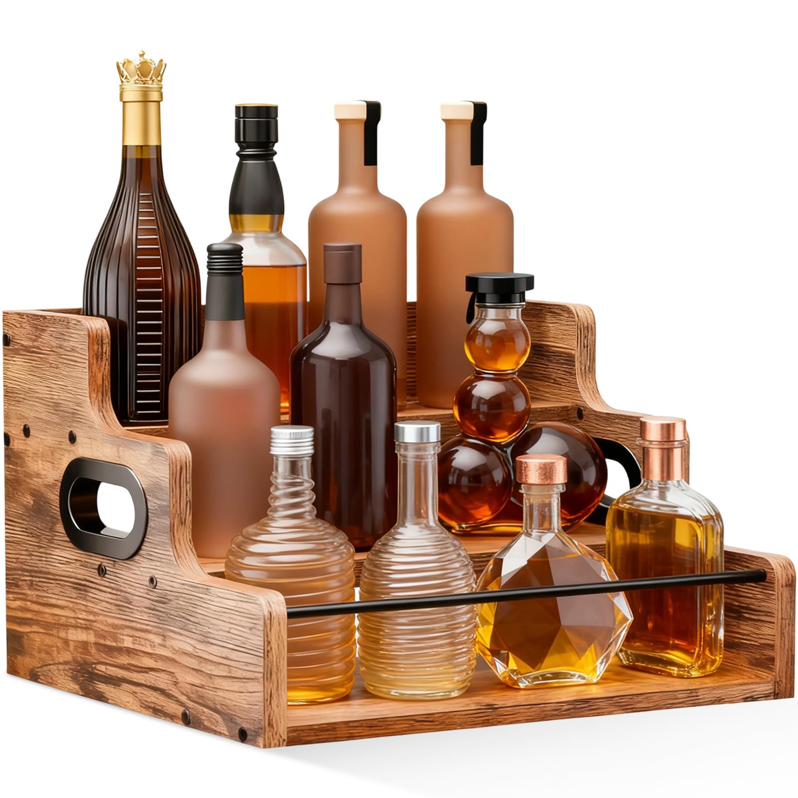 Xinxinphi Liquor Bottle Display Shelf, 3 Tier Wooden Wine Rack, Coffee Syrup Organizer, Drinks Storage Stand for Whiskey & Spirits, Retro Countertop Racks for Party, Mini Bar, Kitchen, Home, Cabinet