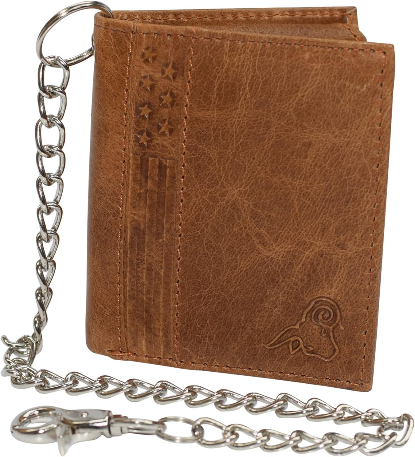 Men's Chain Biker RFID Blocking Genuine Leather L Shape Bifold Wallet USA Series (Tan with Chain)