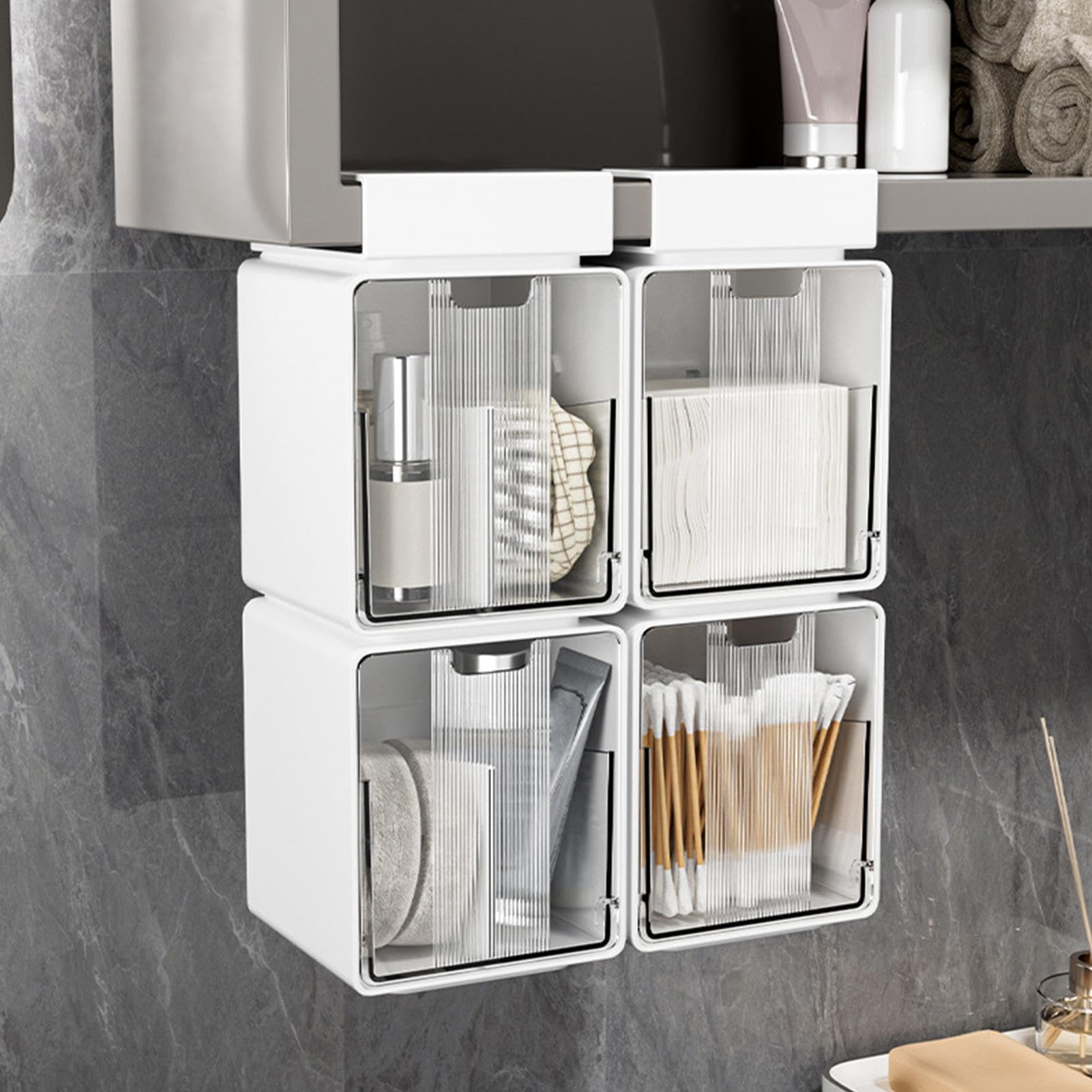 Wattestäbchenhalter Transparenter Staubdichter Organizer Mit Schublade | Wattepad-Halter Für Schminktisch Mit Schublade Frisiertisch Wandregal Kleiderschrank Schlafzimmer Salon Spa (Weiß)