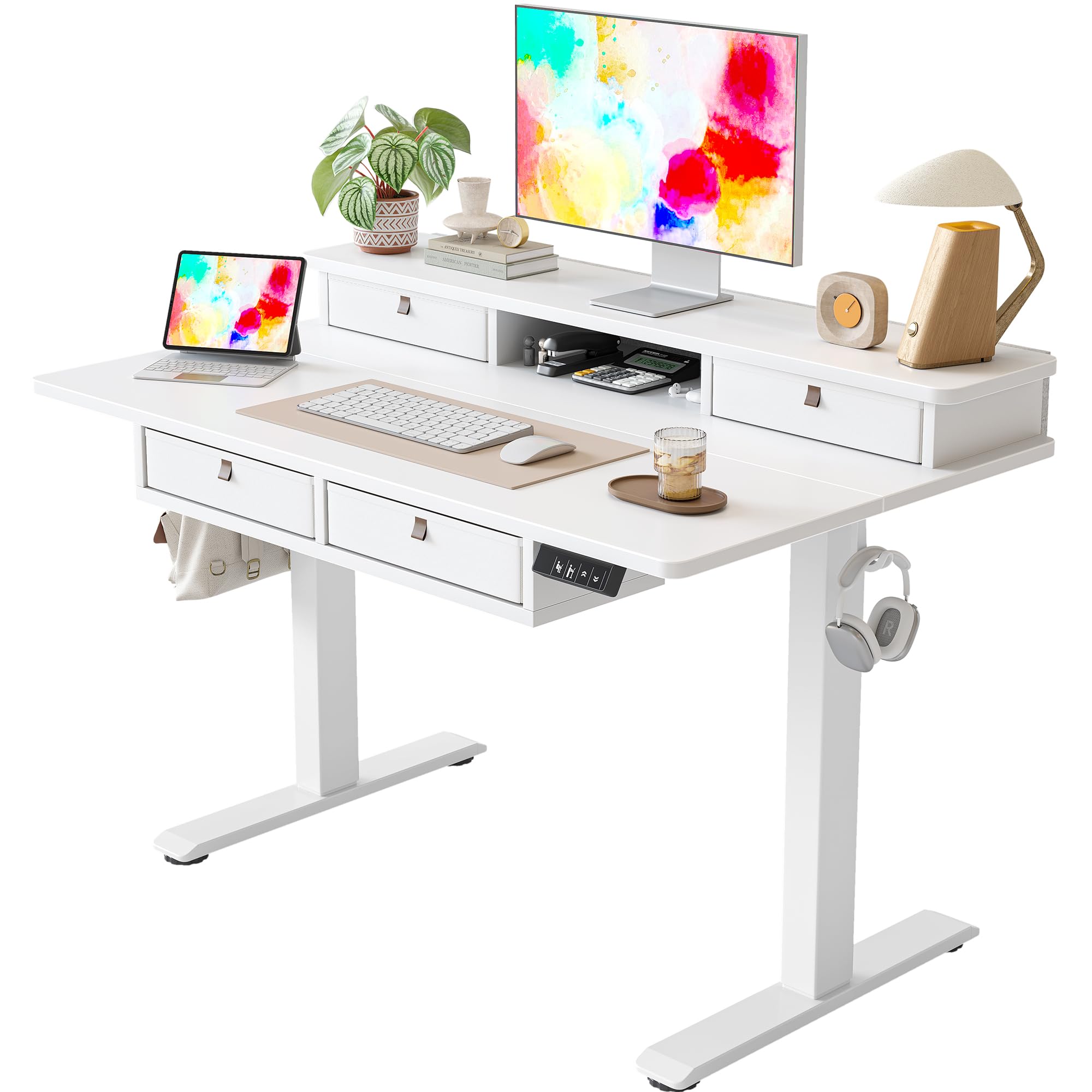 BEXEVUE 48" Electric Standing Desk with 4 Drawers, 120 * 70cm Height Adjustable Desk with Shelf, Stand Up Table with Hooks, Ergonomic Home Office Table, Splice Board, White