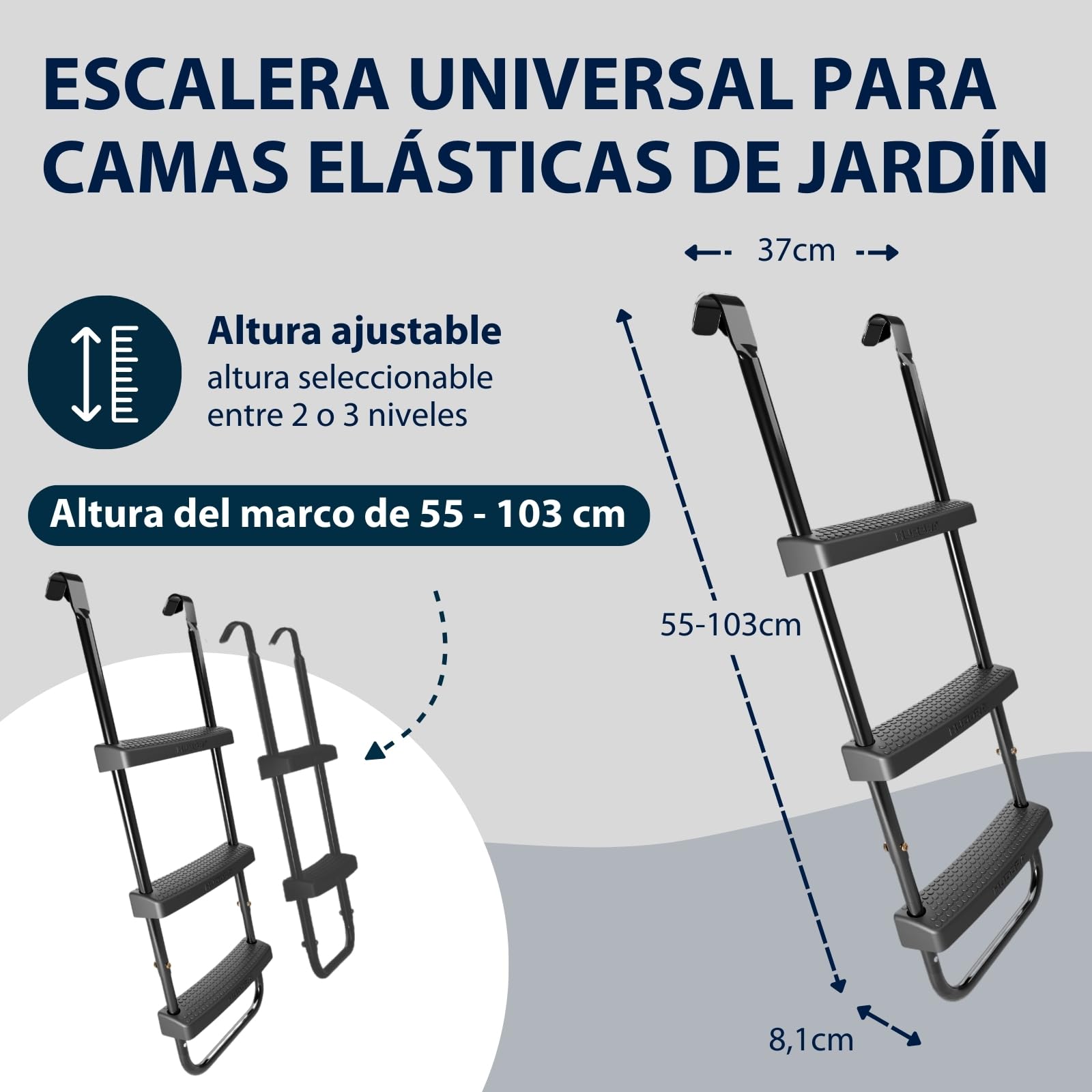 HUDORA Escalera Universal Antideslizante para Trampolines - Altura Ajustable con Peldaños Anchos, Resistente UV