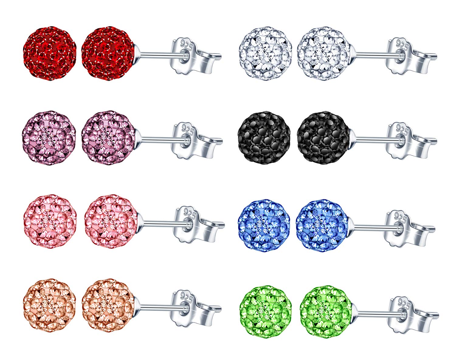 MicVivien 8 pares de pendientes de bola de cristal en forma de bola de plata de ley 925 en 8 colores/set