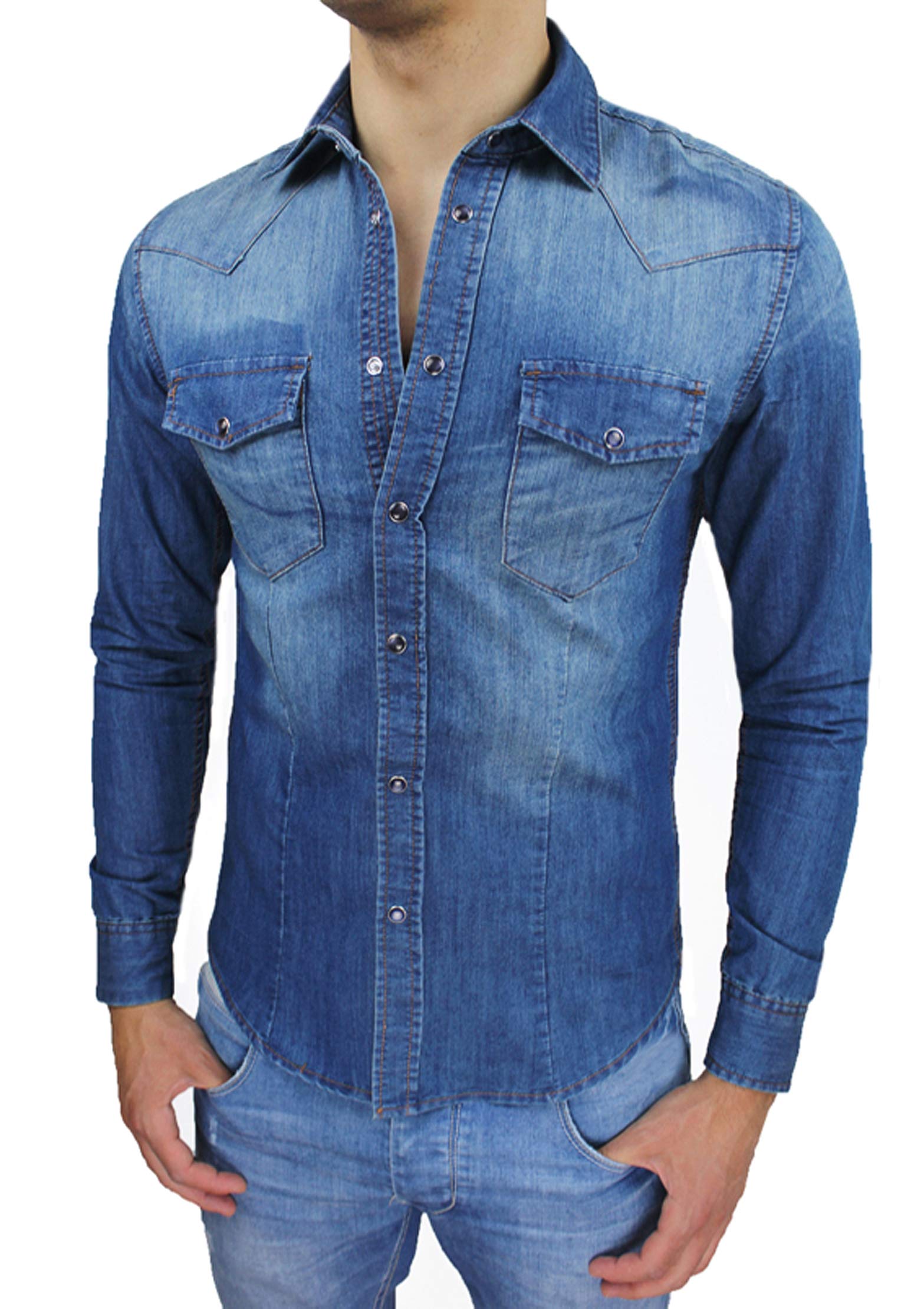 Evoga Camicia di Jeans Uomo Slim Fit Blu Denim Aderente Casual