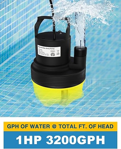 Miniatura 2 de Bomba de sumidero sumergible de 1 HP, bomba utilitaria de 3200 GPH, bombas de agua eléctricas de transferencia portátil con cable de 25 pies para