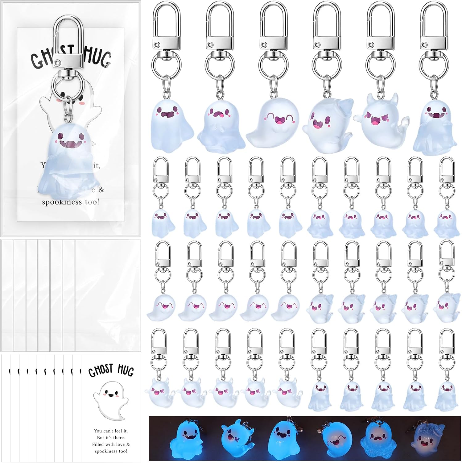 36 Set Glow in The Dark Ghost Keychains for Halloween Boo Basket Stuffers