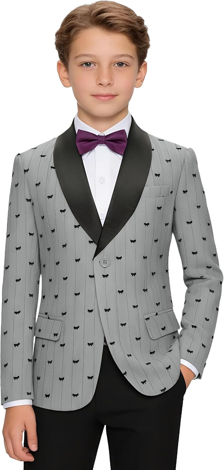 Boys Blazer Kids Suit Jacket Slim Fit Christmas Party Tuxedo Toddler Casual Bow Tie Patterned Sport Coat Teen Prom Dress