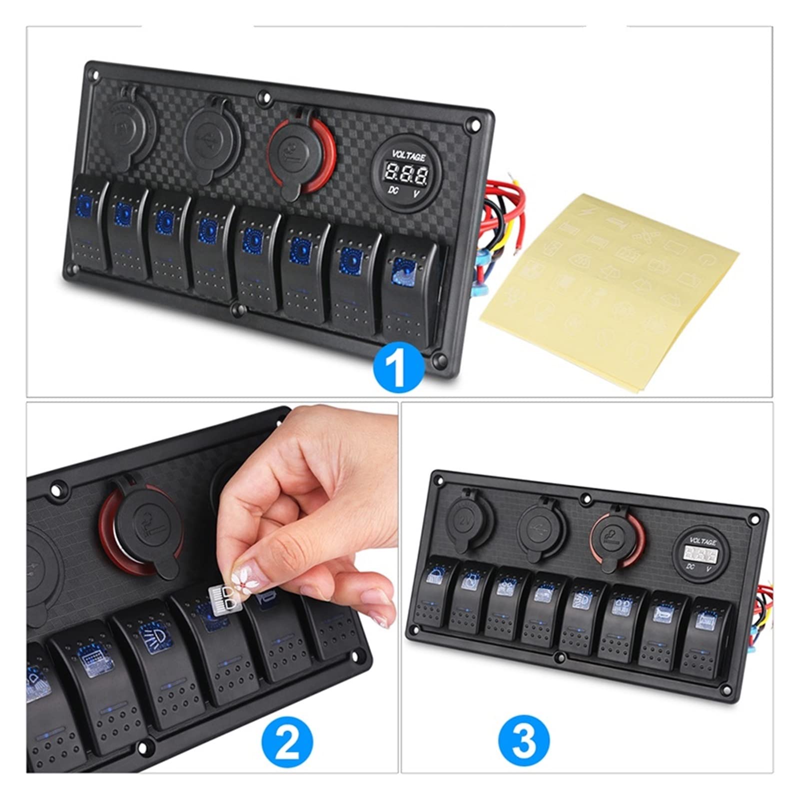 Przełączniki i przekaźniki do samochodów Pasuje do 1. 2V / 24V 8 Panel przełączania morskiego Gang On-off + Dual Usb. Gniazdo zapalniczki na papierosowe wodoodporne z woltomierz LED Usb. Ładowanie