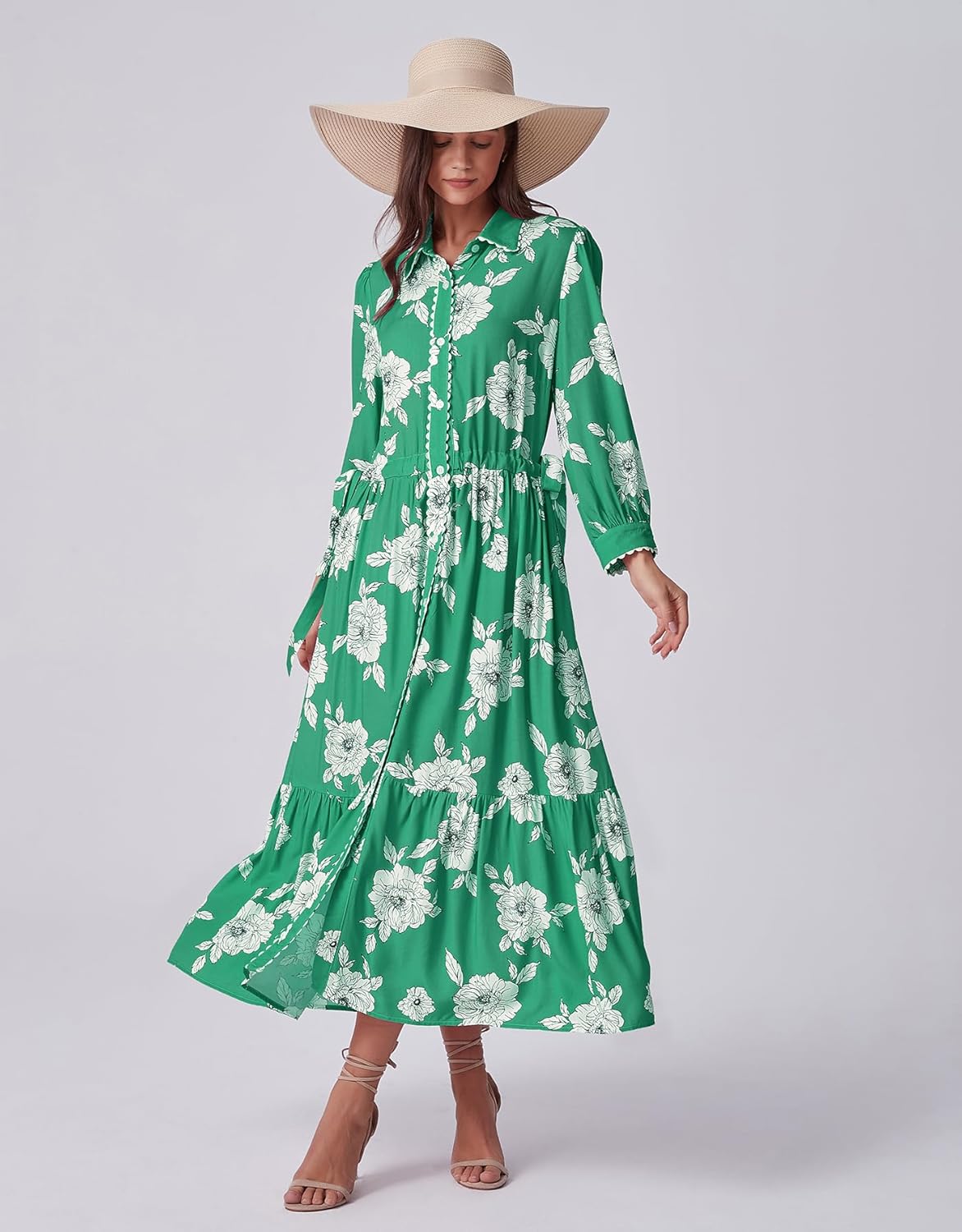 Kedera Womens Maxi Shirt Dress Floral Fall Collared 3/4 Long Sleeve Button Down Drawstring Waist Midi Dresses Winter - Image 6