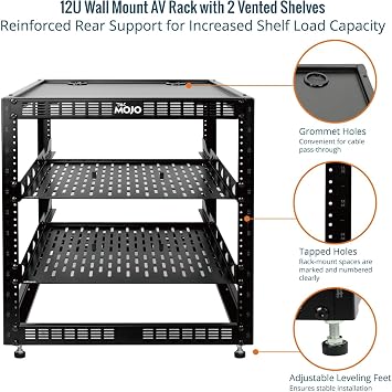 Tecmojo 12U Open Frame Network Rack for IT & AV Gear, AV Rack Floor Standing or Wall Mounted,with 2 PCS 1U Rack Shelves & Mounting Hardware,Network Rack for 19 Networking,Audio and Video Device