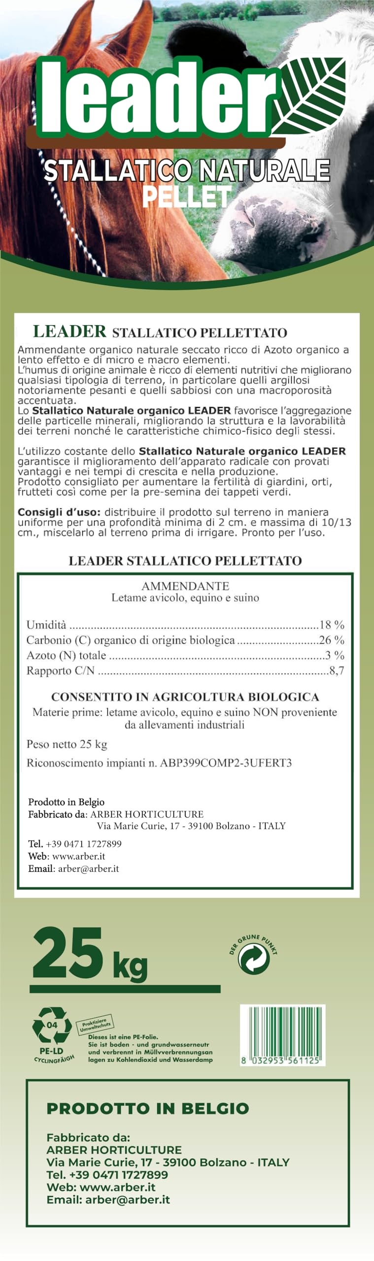 LEADER, Stallatico Pellettato, Fertilizzante Naturale, Per Giardino, Orto, Frutteti e Pre-semina, Derivato da Letame Animale Selezionato, Formato Pellet Per Distribuzione Omogenea, Sacchetto da 25Kg