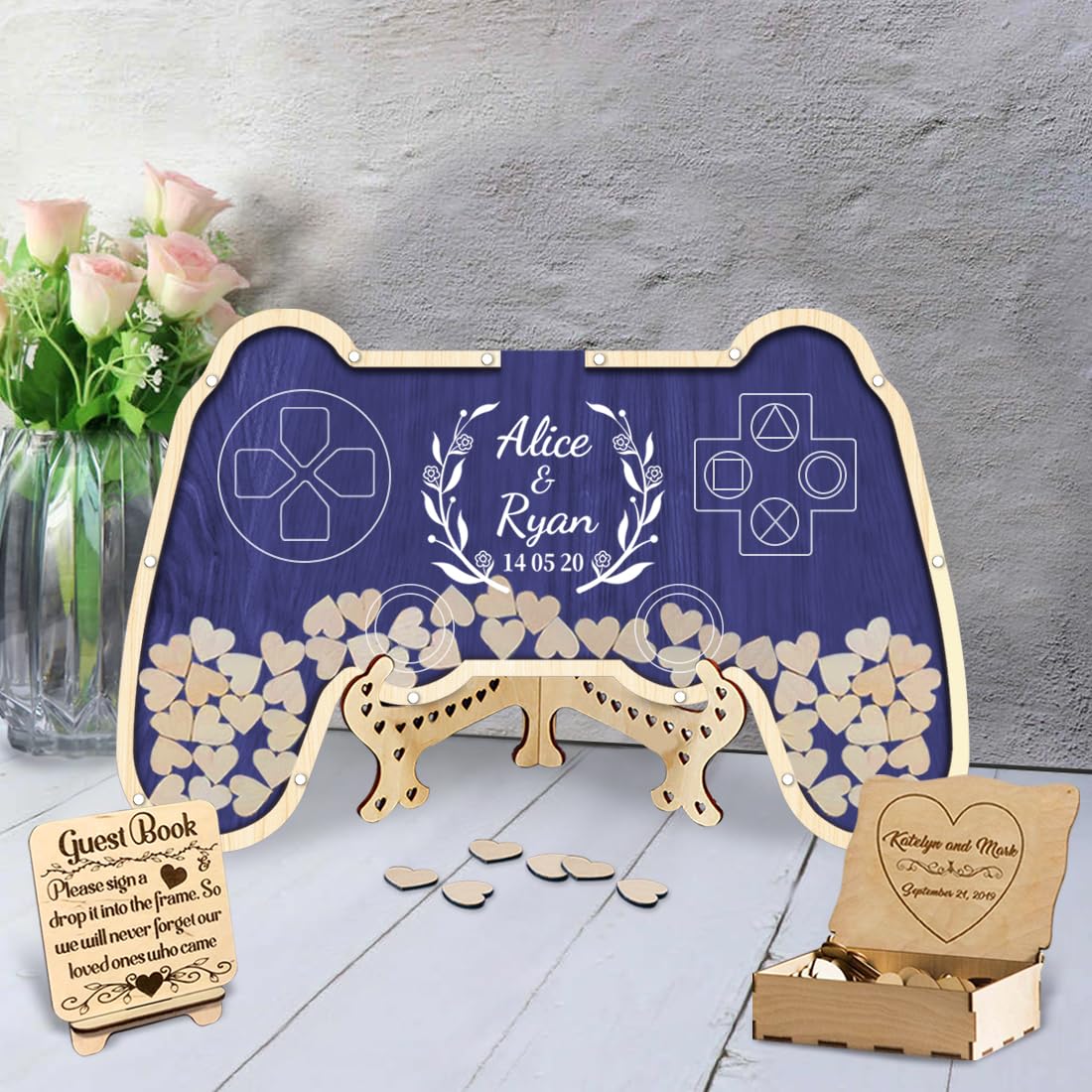 Ozinna Alternativas personalizadas para libro de visitas de control de juegos, libro de invitados de boda para jugadores, recepción con caja de madera y corazón de 30/50/80 piezas para fiesta de