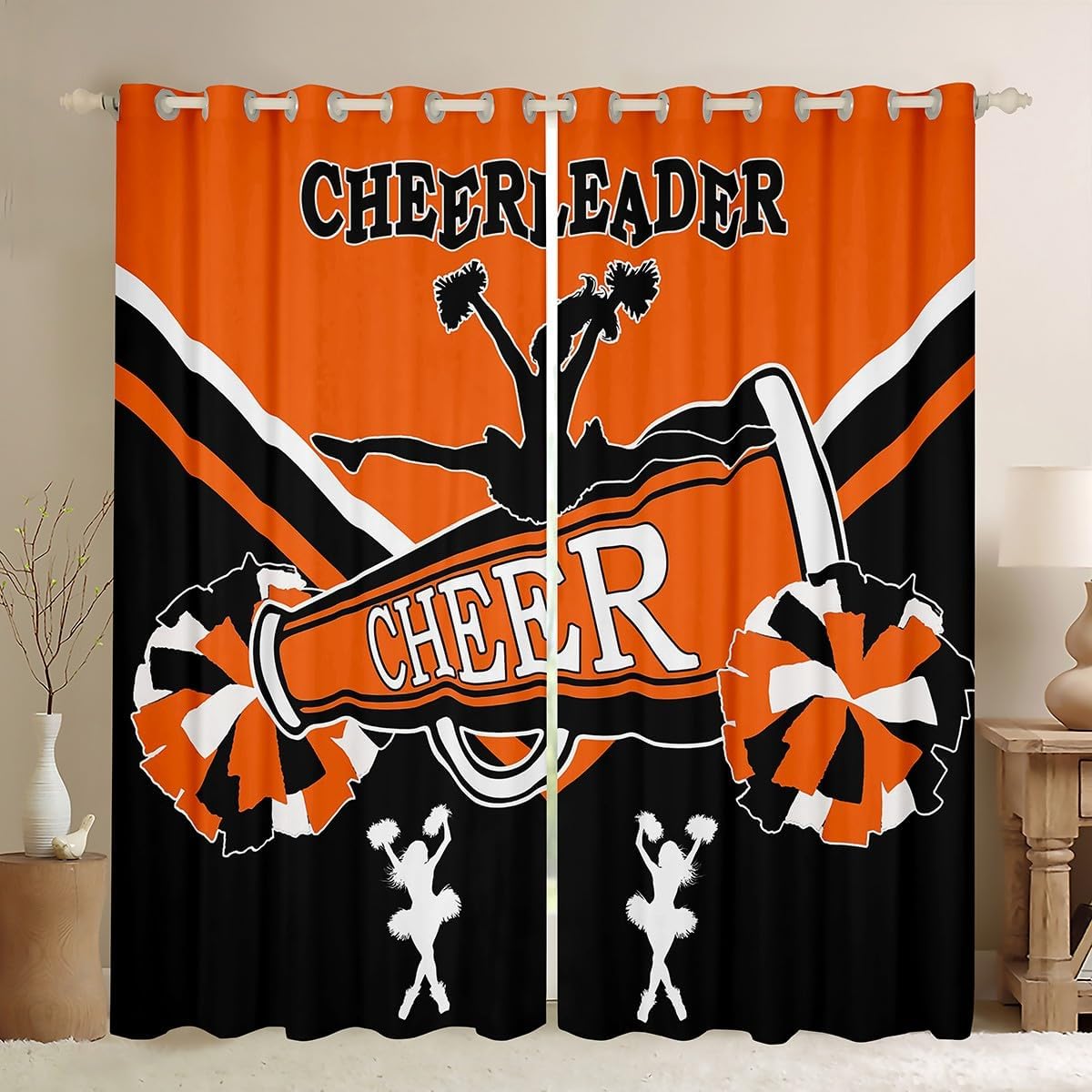 Erosebridal Cheerleading Curtains & Drapes Cute Cheerleader Blackout Curtains, Black and Orange Curtains Dancer Princess Black Out Curtains, Cheerleading Dance Window Drapes Girls Room Decorative