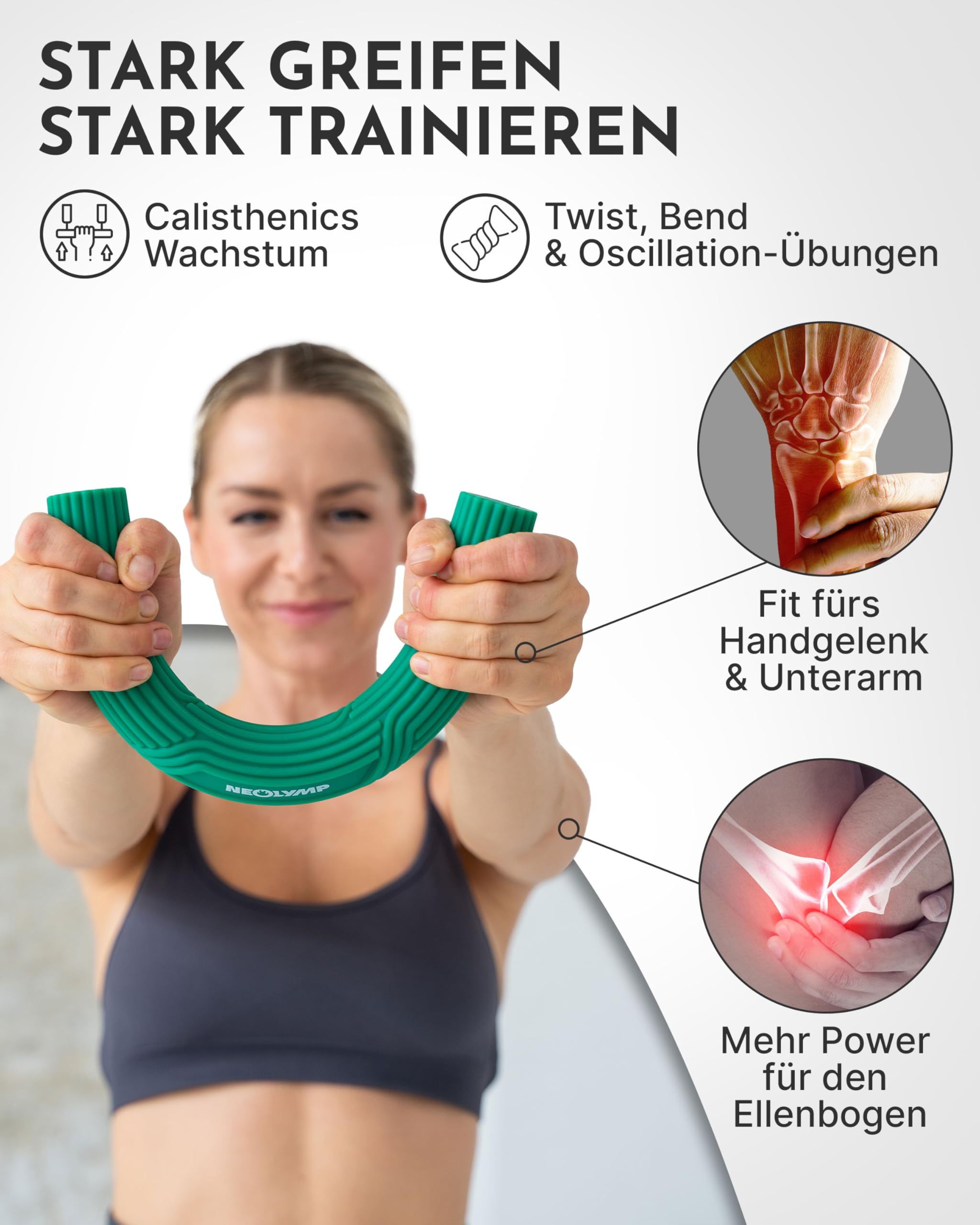 NEOLYMP Handtrainer Unterarmtrainer – Griffkraft & Rehabilitation – Therapy Bar aus Silikon, rutschfest & langlebig – Hand Trainingsgerät inkl. Tragetasche, Übungsheft & E-Book – Grip Strength Trainer