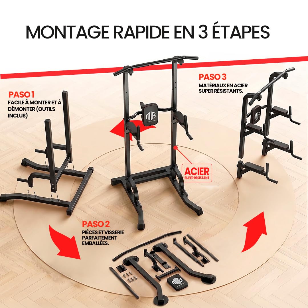 ManiBoom Station Traction "ROC SOLIDE" 220KG - Rack Traction Réglable (165-235cm) avec Base Anti-Bascule Élargie - Tour de Traction Musculation pour Dips et Abdos