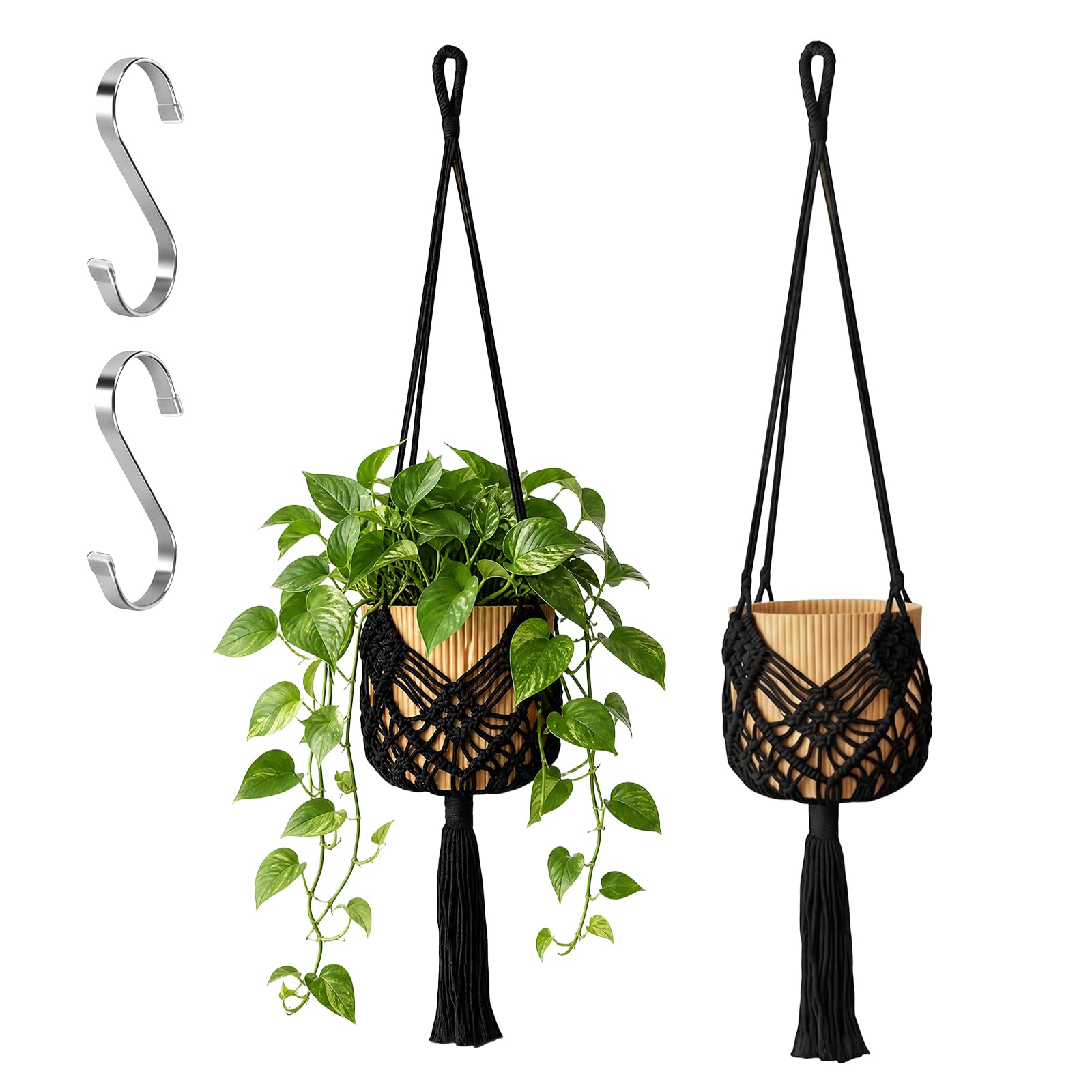 NYOSLB 2Pcs Macrame Plant Hangers with 2 S Hooks, Heavy Duty Indoor Outdoor Hanging Planters Woven Cotton Rope Plant Holders for Pots up to 20cm Diameter Black