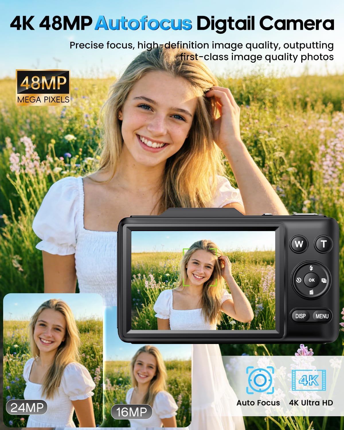 Fotocamera digitale 4K per bambini, 48 MP, autofocus, vlogging, con scheda da 32 GB, zoom 16x, anti-shake, fotocamera compatta per adolescenti e principianti, regalo di compleanno, colore nero