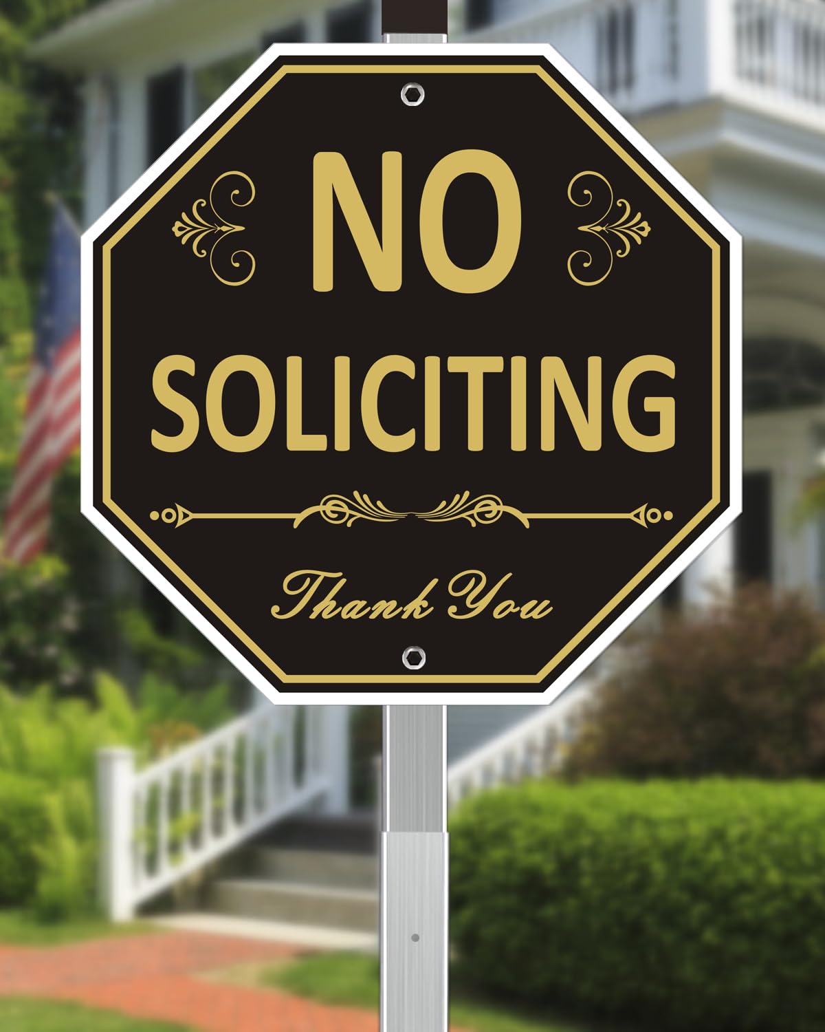 No Soliciting Sign for House - Metal No Soliciting Signs for Home - 10" x 10" - Aluminum No Soliciting Yard Sign - No Solicitors Sign - No Solicitation Signs - with 28" Long Stake (Gold & Black)