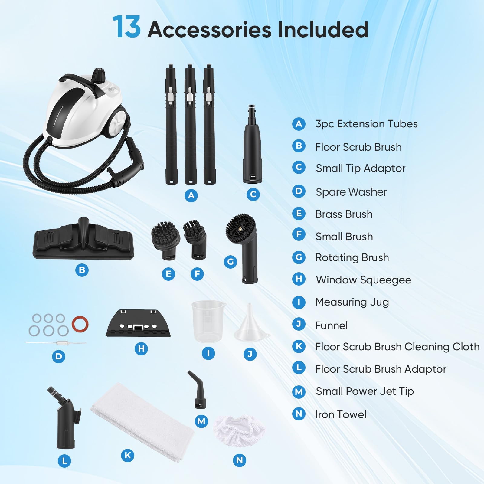 Limpiador a vapor 2000W con 5 bar de presión - Depósito de 2 litros para 100m² de superficie - Set de accesorios de 18 piezas - Limpiador a vapor portátil con cabezal de cepillo giratorio