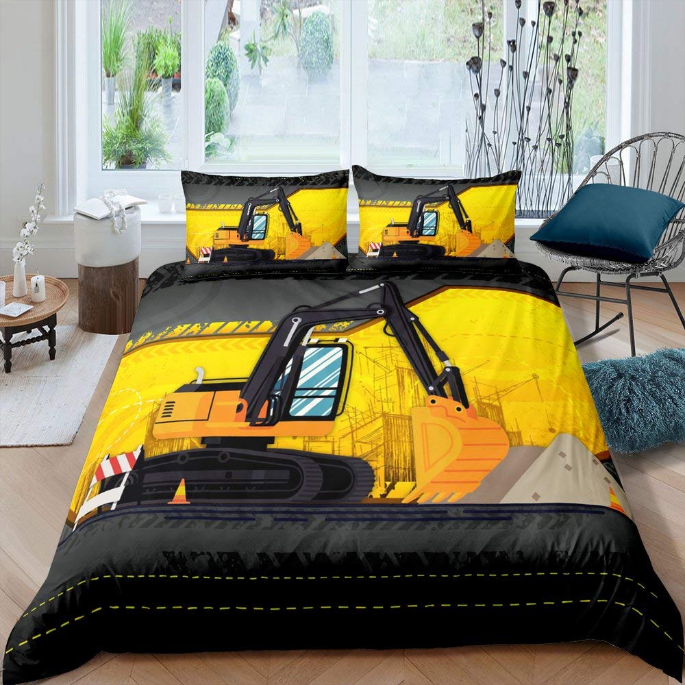 Homewish Juego de ropa de cama para excavadora, diseño de camión de dibujos animados para construcción de vehículos, funda de edredón para maquinaria pesada, ropa de cama con 2 fundas de almohada,