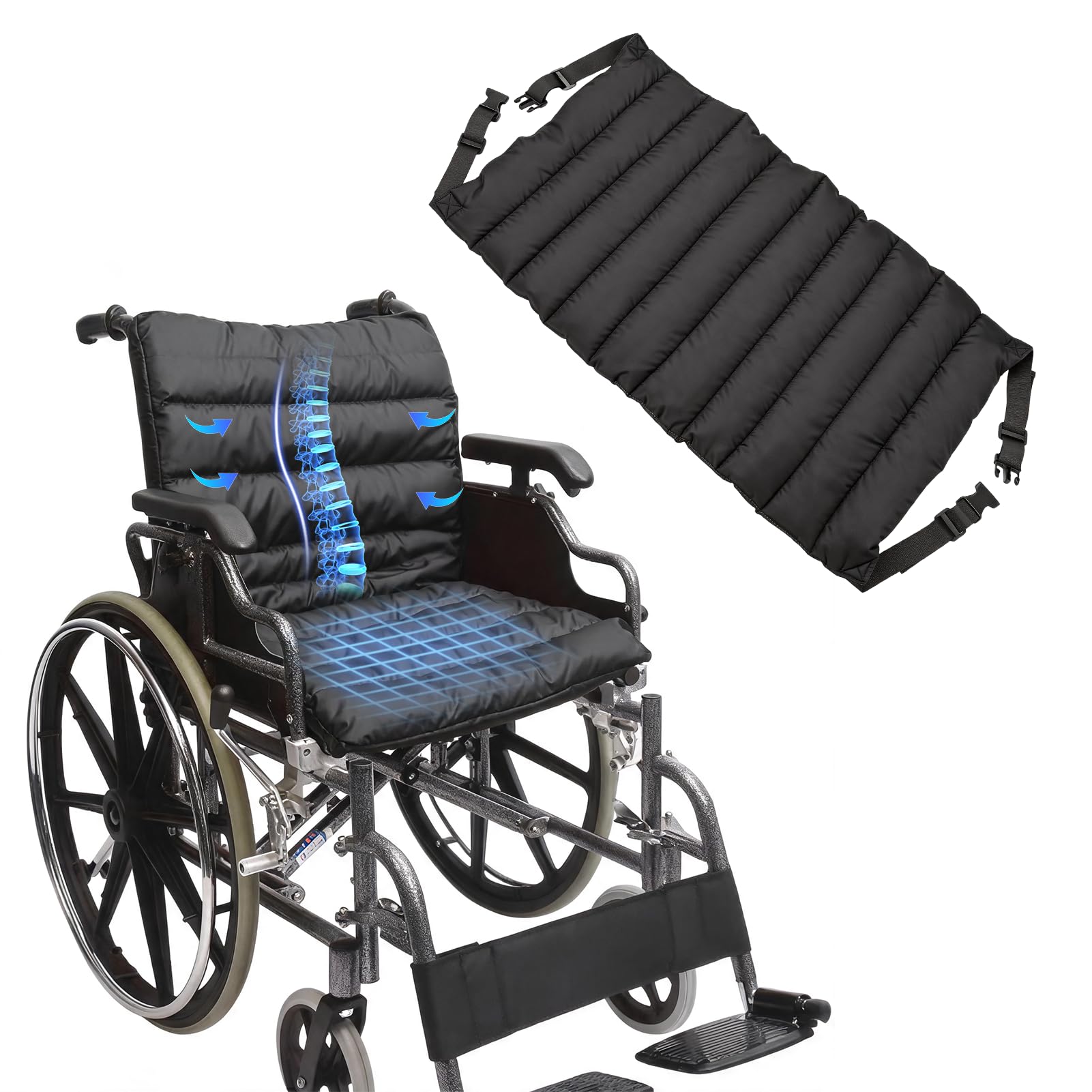 Cuscino completo per sedia a rotelle Cuscino per sedile per sedia a rotelle con cinghie Cuscino reclinabile regolabile adatto a diverse sedie a rotelle