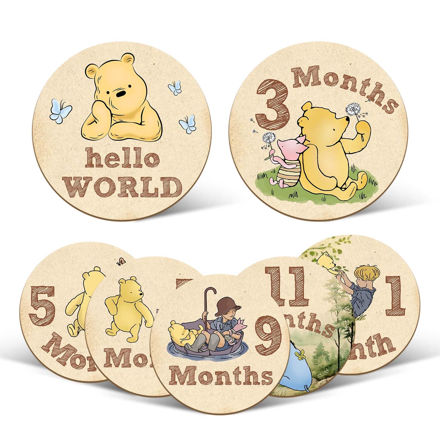 7 Pcs Winnie Baby Monthly Milestone Markers, Winnie Double Sided Winnie Baby Months Wooden Signs with Storage Bag, Winnie Baby Monthly Announcement