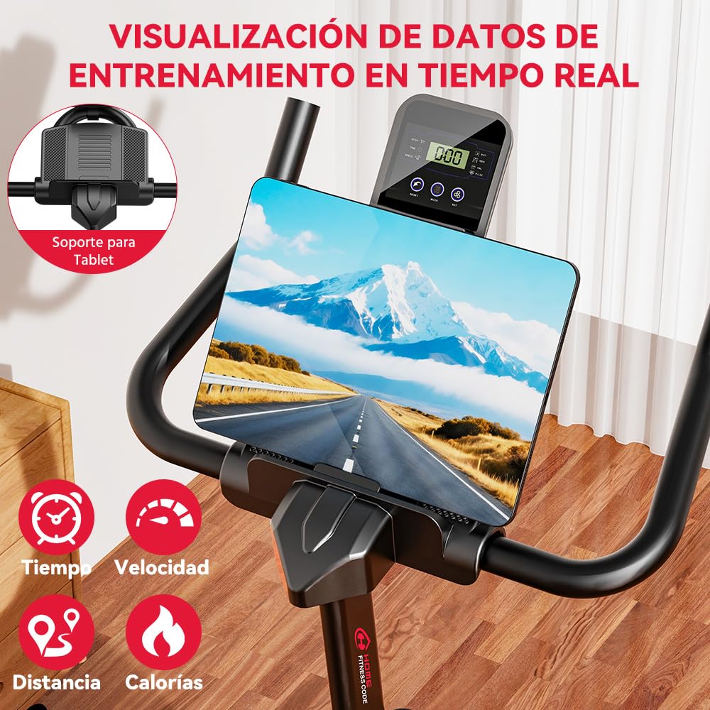 Bicicleta Estática, Bici de Fitness Indoor Compacta con Resistencia Ajustable 0-100%, Pantalla LCD, Soporte para Tablet y Sensor Cardíaco, 120 kg
