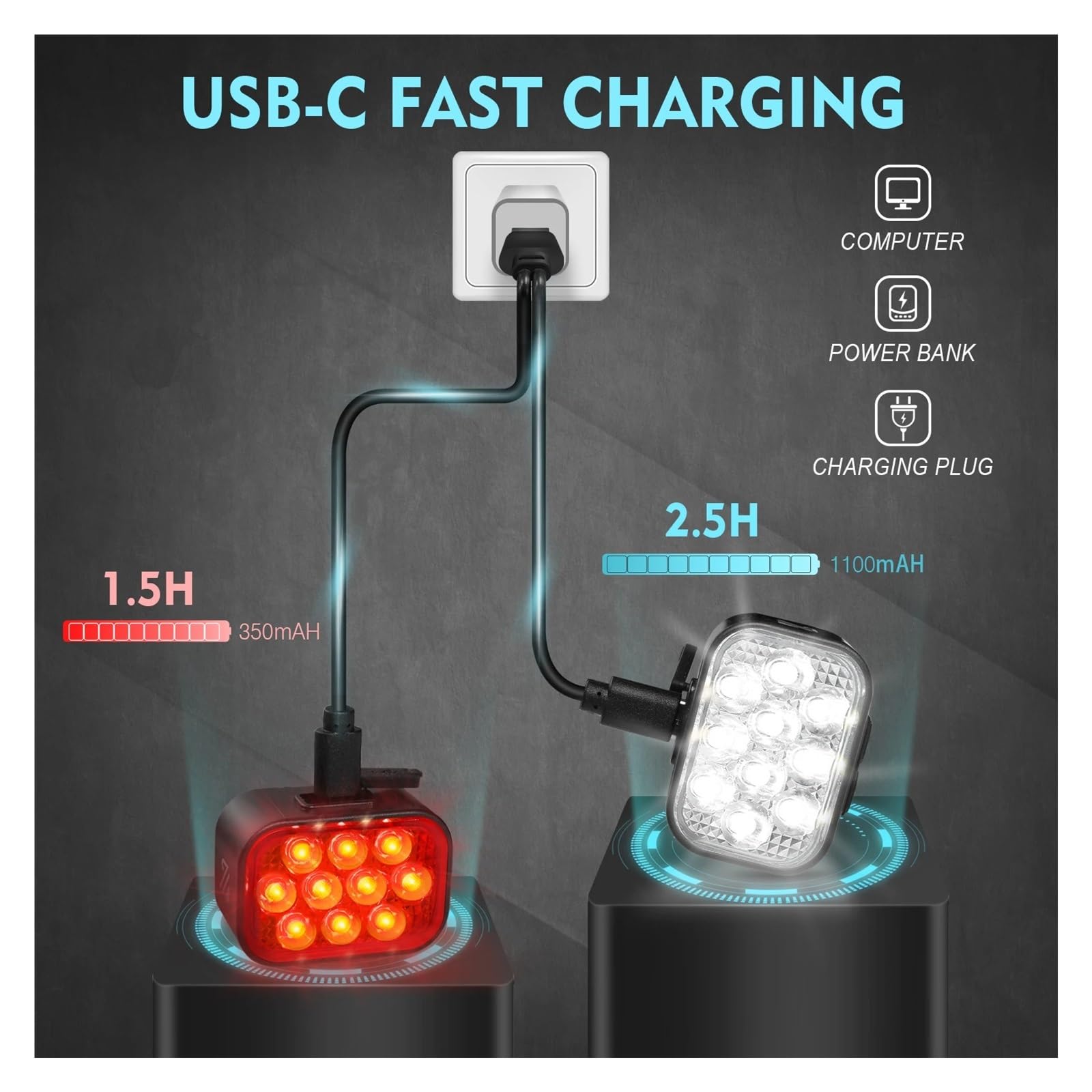 Ensemble d'éclairage de vélo Rechargeable USB 1/2 pièces