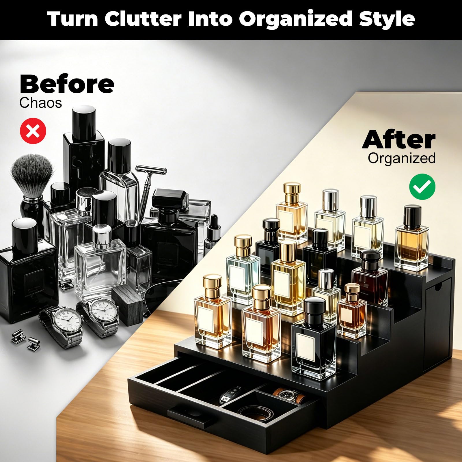 Cologne Organizer per uomo, 4 ripiani, in noce, con cassetto portaoggetti | Il ripiano nero contiene colonia, orologi, gioielli e cura della pelle, regalo per papà, robusto organizer in noce per bagno