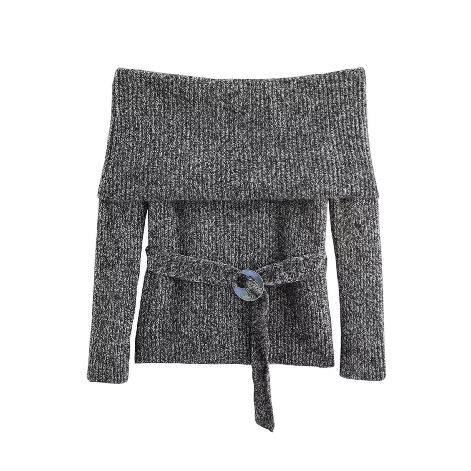 Womens Sexy Slim Knitted Sweater Wide Neck with Waist Belt Fall Winter Versatile Fashion Top