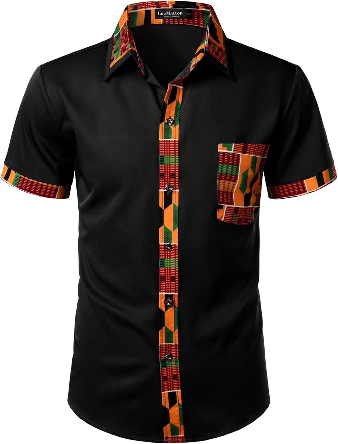 LucMatton Men's Kente Print Short Sleeve Button Down Dress Shirt African Attire Tribal Graphic Dashiki Shirts