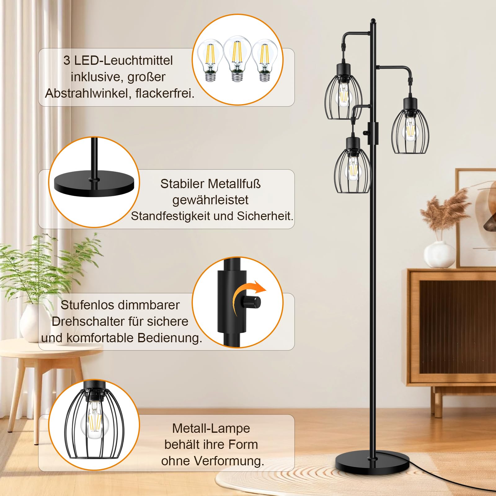AmazeFan LED Stehlampe Dimmbar, 172cm Stehlampe Wohnzimmer mit 3 x 800LM LED-Glühbirnen, Käfig Lampenschirm aus Metall, Moderne Stehleuchte für Kinderzimmer, Büro, Wohnzimmer, Ecke Nachttischlampe