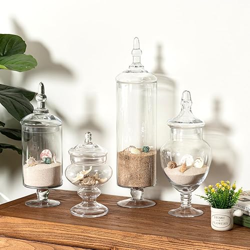 Miniatura 7 de MyGift Juego de 4 tarros de boticario de vidrio transparente con tapas, decoración de baño, bufé de dulces, centro de mesa de boda, tarro decorativo