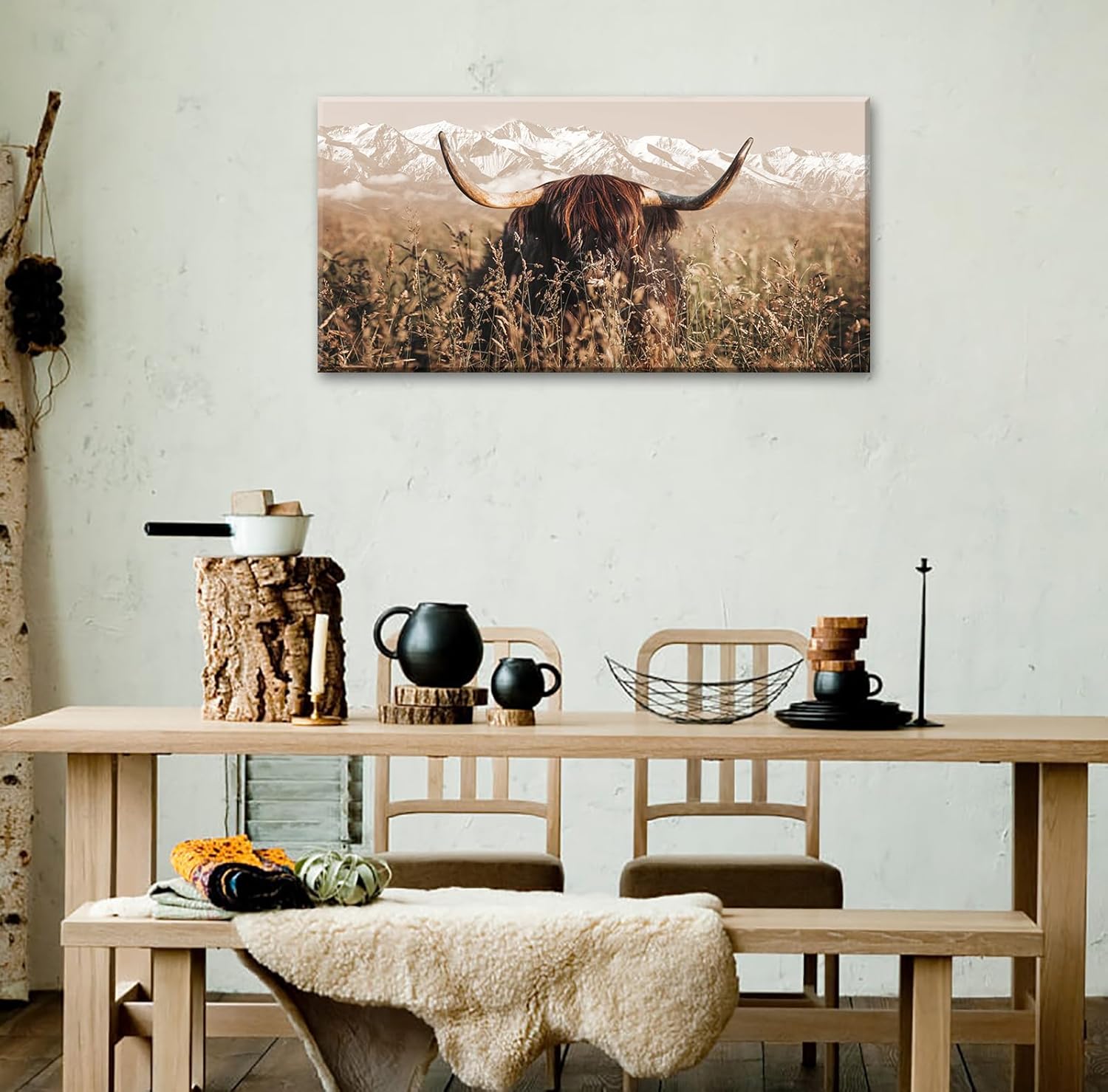 DJSYLIFE Highland Cow Wall Art Farmhouse Decor Canvas Printed Country Cow Pictures Western Rustic Modern Artwork Decorations for Bedroom Office Living Room Framed Ready to Hang 20" x 40"