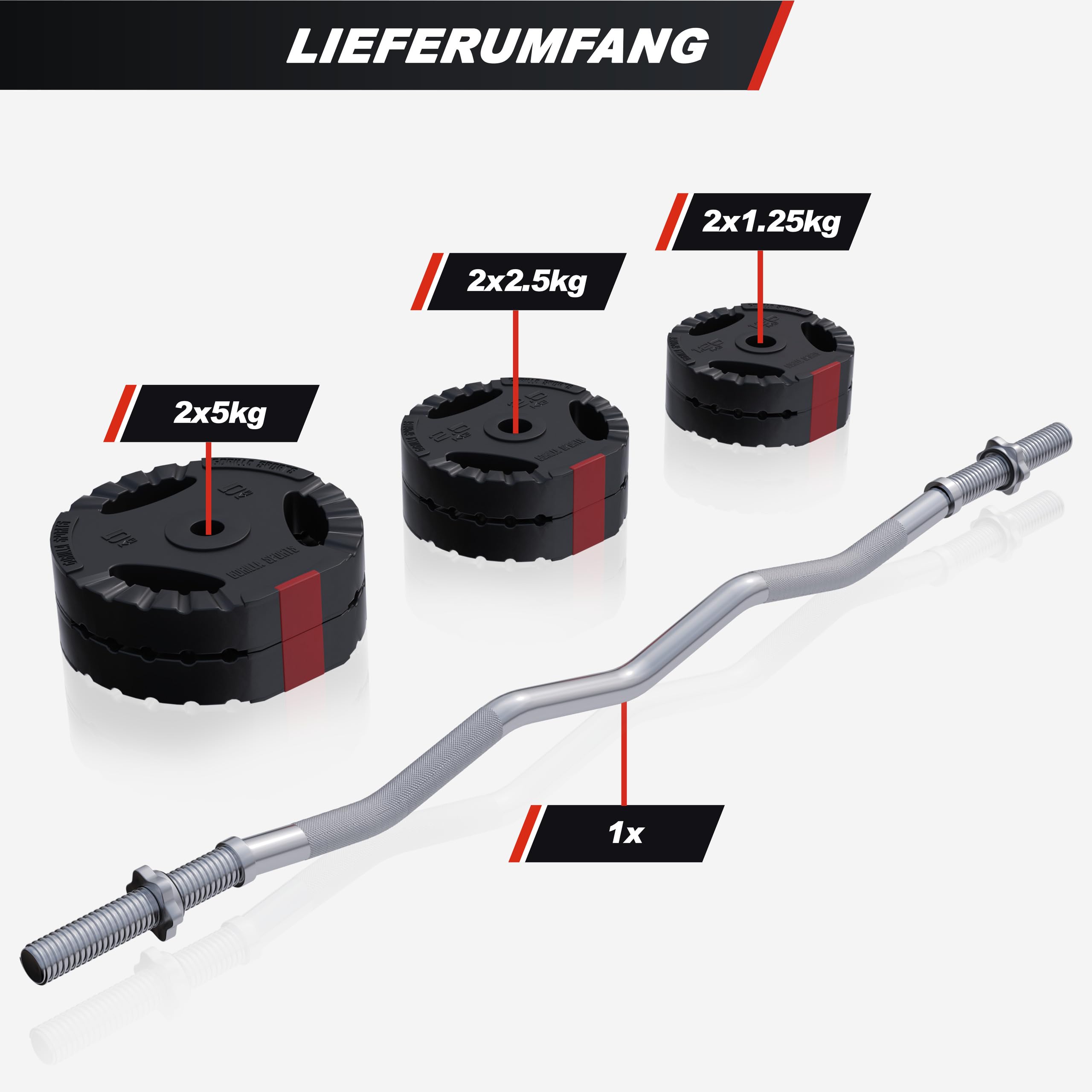 GORILLA SPORTS® Set Bilanciere con Pesi – 25kg, Barra Curva EZ 120cm, Ø 30/31mm, Dischi Rivestiti in Plastica, Collari Spinlock – Bilanciere Curl, Dischi Pesi, Palestra da Casa, Fitness, Allenamento