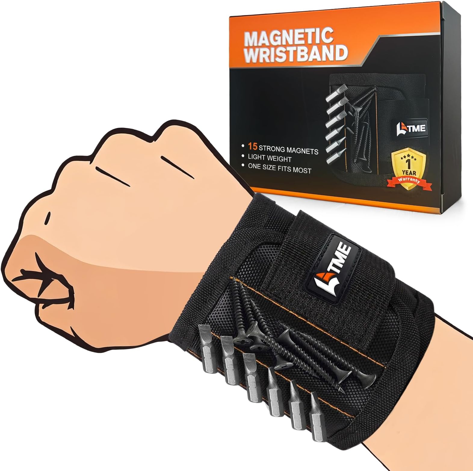 LATME Magnetic Wristband with 15 Strong Magnets for Holding Screws Nails Drill Bits-Best Armband Tool for DIY Handyman Unique Gift for Men (Black)