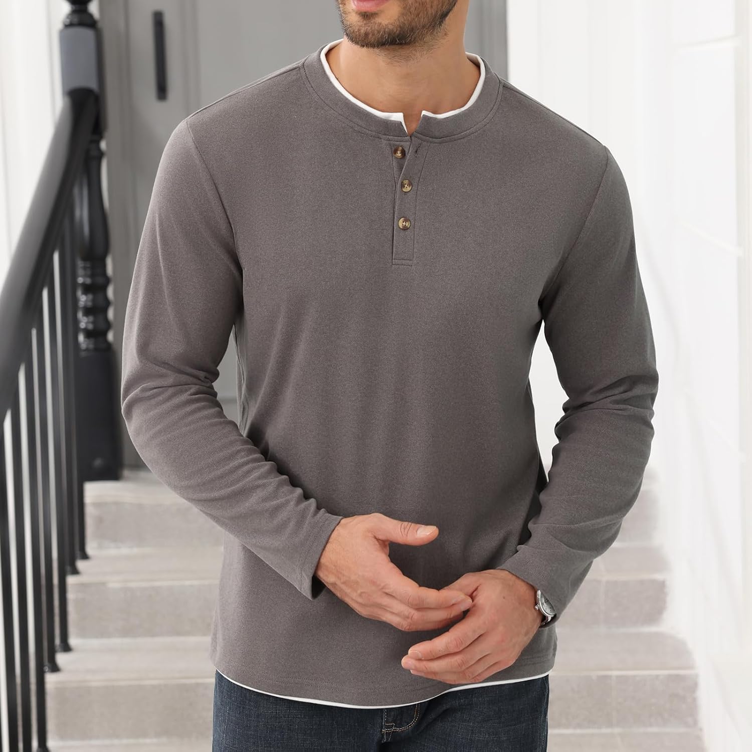Uni Clau Men's Henley Shirts Classic Button T-Shirt Long Sleeve Casual Thermal Pullover Shirt - Image 2
