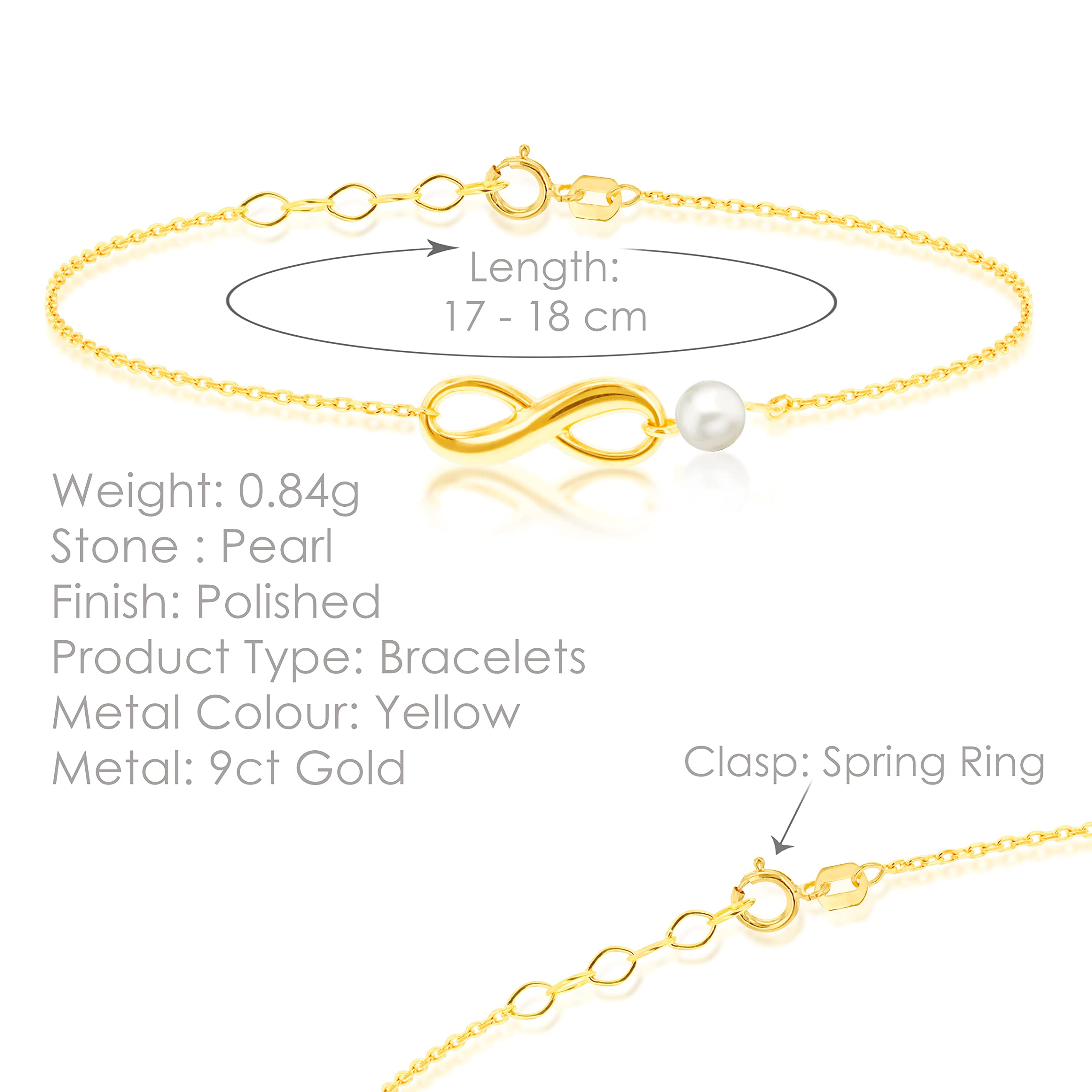 CARISSIMA Damen-Armband aus 9 Karat Gelbgold, Unendlichkeitssymbol mit Perlen, 17 cm – 19 cm