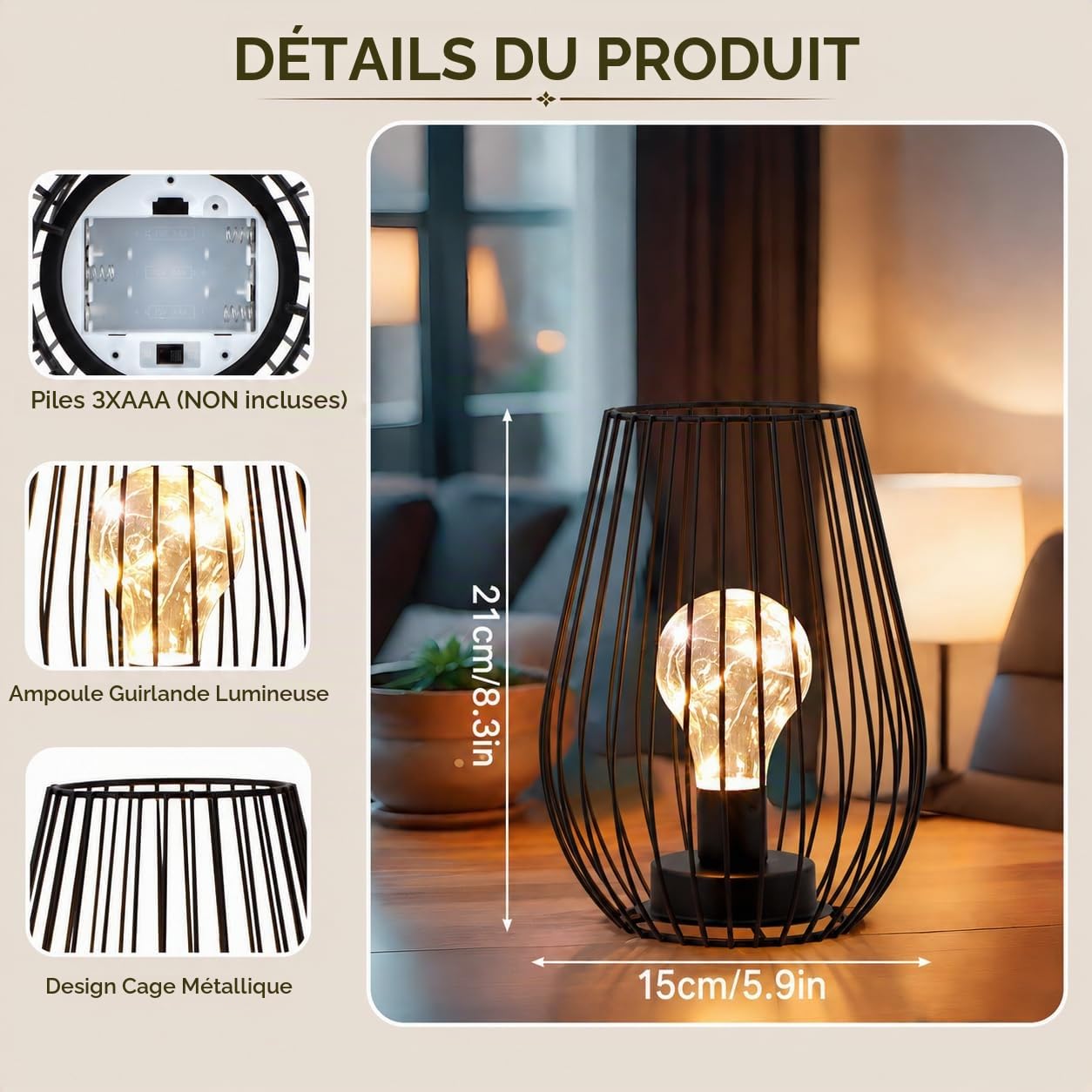 TRIROCKS Lampe de Table Métallique Sans Fil 20cm, Set de 2 Lanternes en Forme de Cage à Piles avec Ampoule Lumières Féériques pour Intérieur/Extérieur, Noël, Mariages (Noir)
