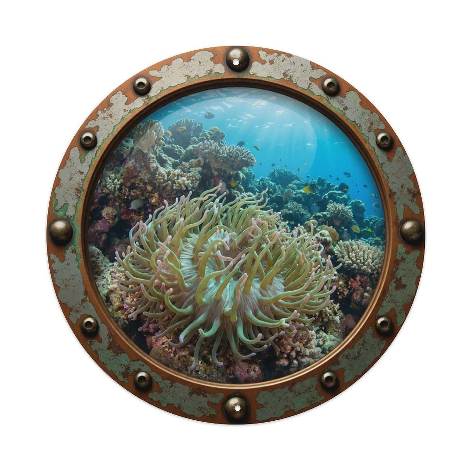 Gead 8X8inch Style Vintage Porthole Catalaphyllia Coral Nautical Window View Metal Tin Sign