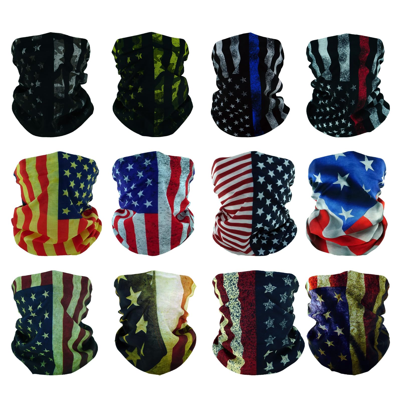 12 Bandanas Polyvalents pour Femmes Hommes Bandeau Cagoule Foulard Visage Demi-Masque Airsoft Paintball Cache-Cou Respirant Réutilisable Lavable Drapeau Américain Old Glory Distress Noir Bleu